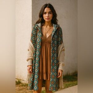 Vintage R. Rouge Blue and Brown Patterned Aztec pattern Cardigan with Hood
